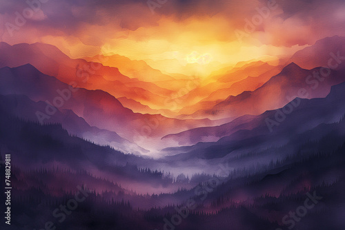 Watercolor painting of mountains and shining sunlight. © Gun