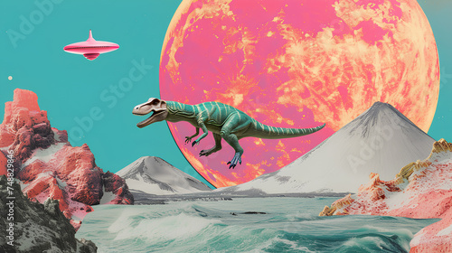 Fototapeta Naklejka Na Ścianę i Meble -  Contemporary art collage, modern design. Modern express delivery. Pink flying saucer delivering toy dinosaur