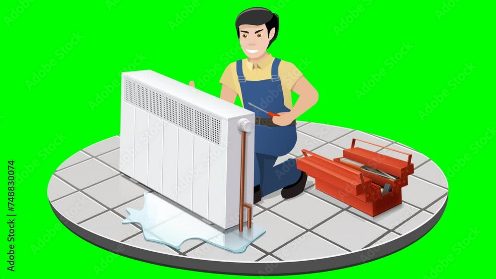 Animation loop of a repairman in blue overalls crouching behind a ...