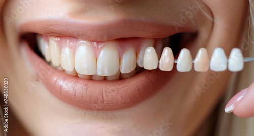 A detailed view of a patient's teeth being compared to a dental shade guide