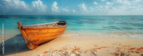 Serene Beach with Wooden Boat and clear turquoise waters in the background