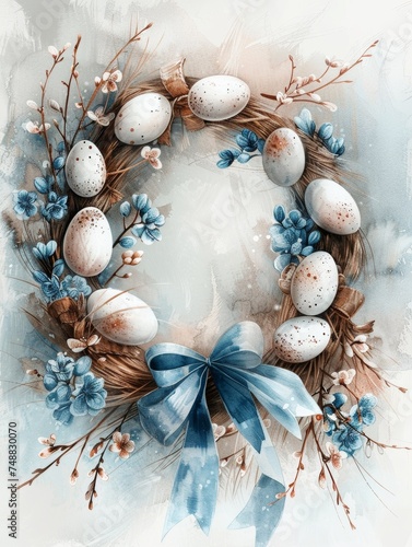 Blue Easter Wreath illustration with Textured Backdrop