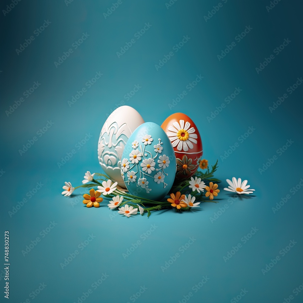 Easter Eggs with Floral Designs and Wildflowers on Blue Backdrop 3d illustration