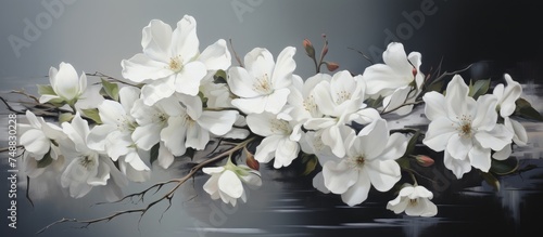 This painting features a cluster of white flowers set against a stark black background, creating a striking contrast. The delicate petals of the flowers stand out vividly against the dark,
