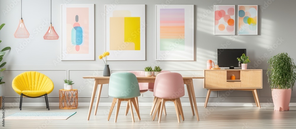Fototapeta premium A dining room featuring a table with pastel lamps above, chairs in yellow green and grey, and colorful posters on a white wall.