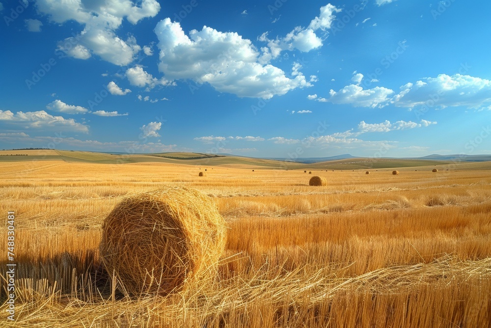 Golden Hay Bales on a Vast Wheat Field Under a Clear Blue Sky