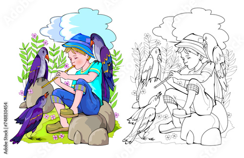 Colorful and black and white page for kids coloring book. Illustration of little peasant boy playing pipe for the forest crows. Worksheet for children and adults. Flat cartoon vector drawing.