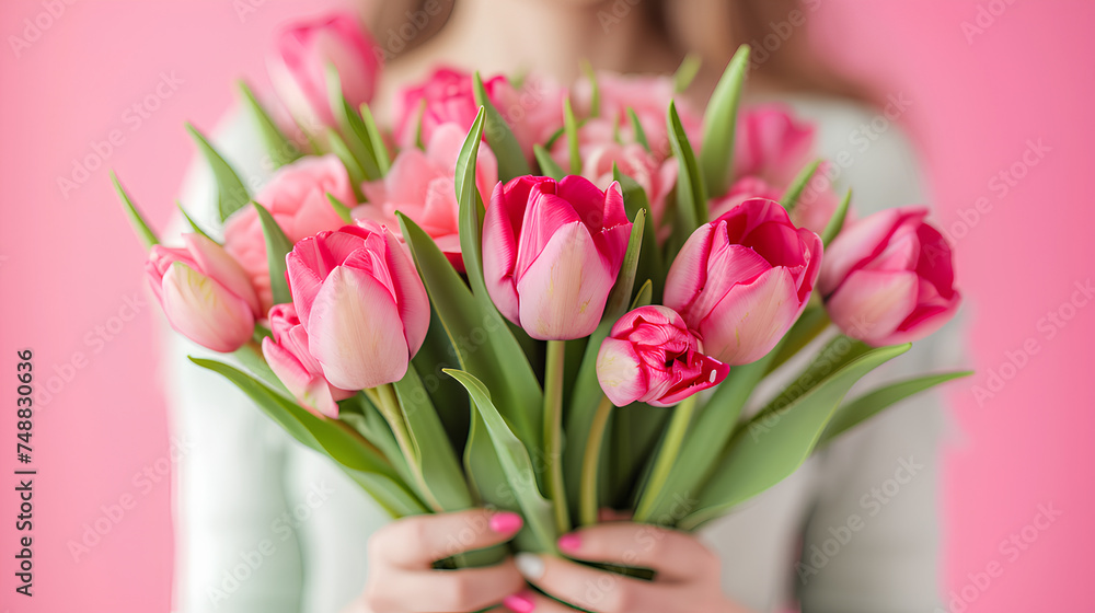 Obraz premium Details on a bouquet of tulips for the festive occasion in the hands of beautiful smiling woman isolated over pink background