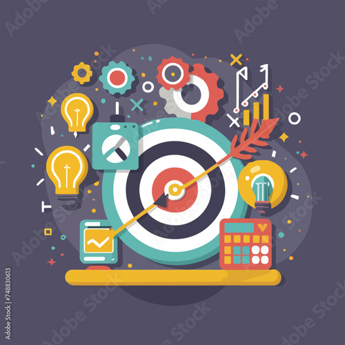 2d vector illustration colorful business   Achieving the goal among many goals with the best proposal and the best results 