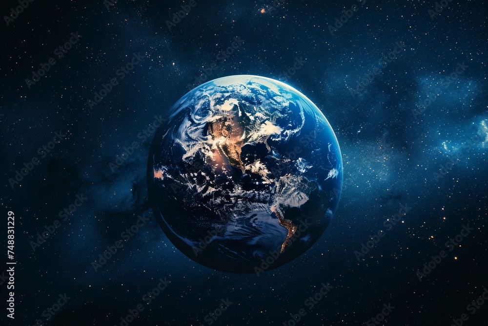 Top view on nightly planet earth with lights illuminated of cities from dark outer space
Top view on nightly planet earth with lights illuminated of cities from dark outer space