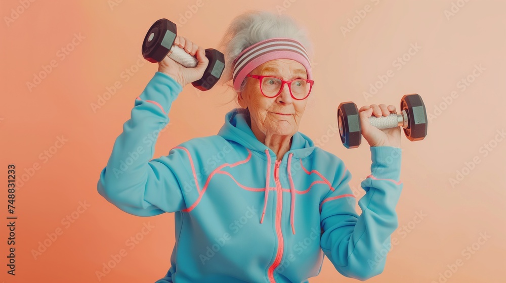 Modern active grandmother doing sports with dumbbells, sporty lifestyle in retirement. Activity in old age, energy and movement Modern active grandmother doing sports with dumbbells, sporty lifestyle in retirement. Activity in old age, energy and movement