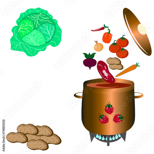 on a gas burner, there is a pan with a dish of Ukrainian national cuisine, borscht