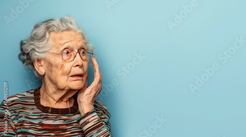 Curious old grandmother neighbor eavesdrops on her neighbors behind the wall, emotions of surprise and shock photo