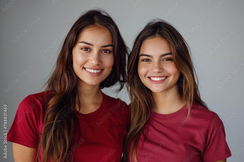 Hispanic women wearing red t-shirt smile isolated on gray background Hispanic women wearing red t-shirt smile isolated on gray background