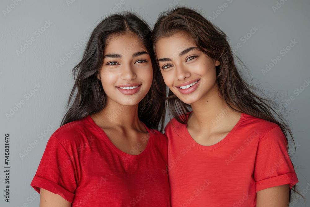 Indian women wearing red t-shirt smile isolated on gray background Indian women wearing red t-shirt smile isolated on gray background