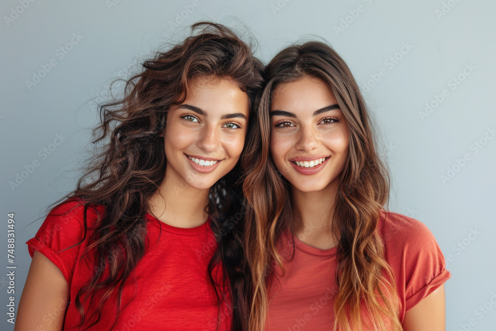 Indian women wearing red t-shirt smile isolated on gray background Indian women wearing red t-shirt smile isolated on gray background