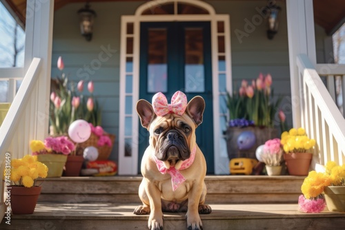 Lovely little dog wearing toy Easter Bunny ears sitting outdoors on a porch, springtime and easter time.