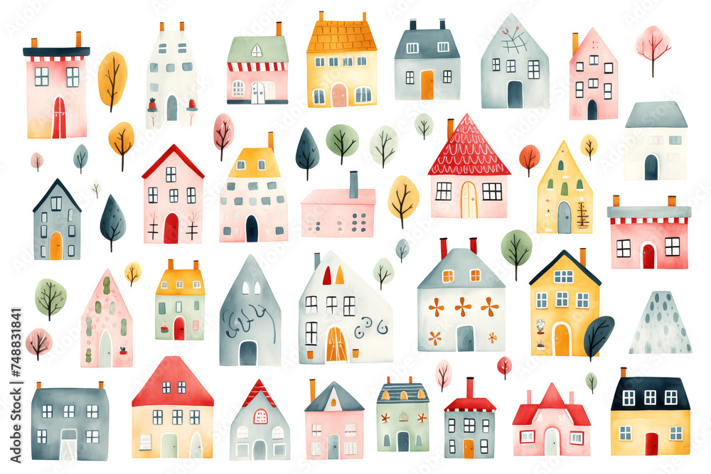 Set of different watercolor colorful houses isolated on white background. Clipart bundle, hand drawn set, boho illustration