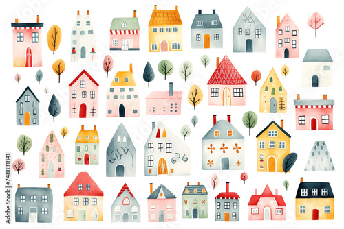 Set of different watercolor colorful houses isolated on white background. Clipart bundle, hand drawn set, boho illustration