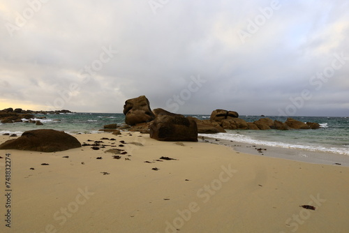 View on the beach of Nodeven Rudoloc located on the north coast of Brittany, in the department of Finistère.