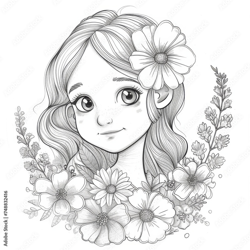 Portrait of a cute girl with flowers.Black and white coloring book, coloring pages for children.