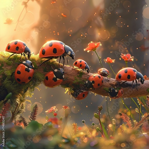 A group of ladybugs gathers on a mossy branch, enjoying the last warm rays of the sun in a magical forest ambiance.