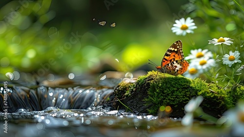 In the midst of a lush garden, Monarch butterflies dance above a tranquil stream, enhancing the vibrant atmosphere with their graceful fluttering. photo