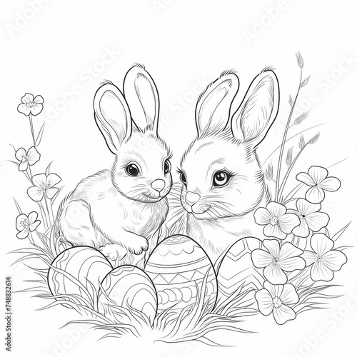 Bunnies with Easter eggs.  Black and white coloring book, coloring pages for children.