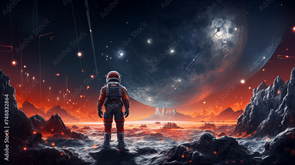 Astronaut in spacesuit stands facing meteor shower on alien planet under giant moon and starry sky - obrazy, fototapety, plakaty 