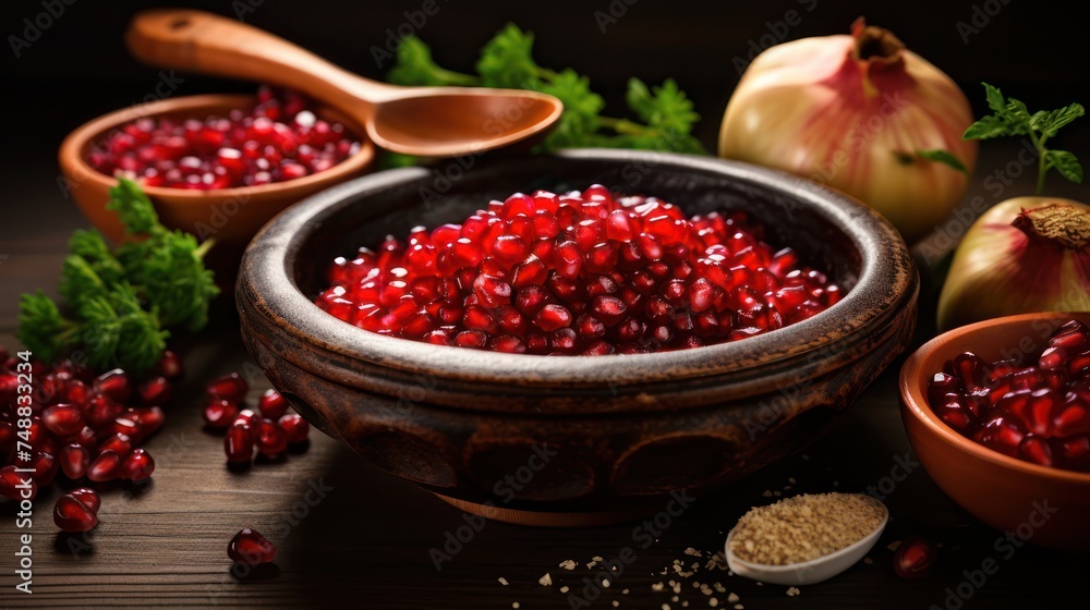Red fruit in a bowl with fruit decoration, leaves, on a dark background. Red fruit in a bowl with fruit decoration, leaves, on a dark background.