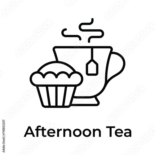 Teacup with cupcake showing concept icon of afternoon tea