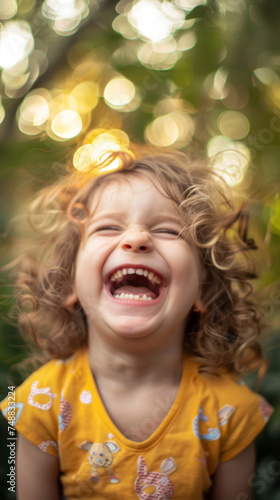 Joyful child laughing heartily outdoors - A radiant young girl with curly hair laughing joyfully, captured outdoors with a bokeh background