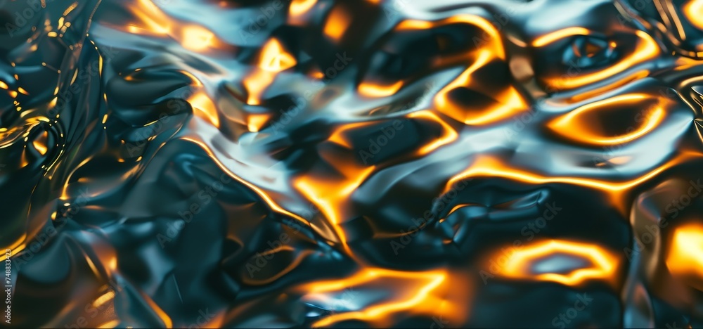 an image of burnt objects on a black background, in the style of futuristic chromatic waves, sparkling water reflections, dark turquoise and light orange - obrazy, fototapety, plakaty 