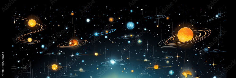 Obraz premium Planets and stars in dark space, mystery of universe background banner. Panoramic web header. Wide screen wallpaper