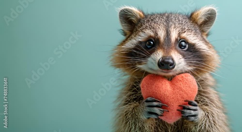 Adorable racoon holding heart on pastel green background. Valentine background Pretty grey mammal hugging pink red heart Wildlife animal, love concept Happy Valentine's Day 4k video photo