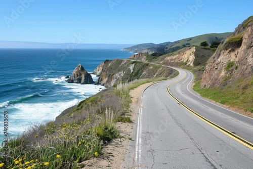 Scenic coastal road along cliffside - A winding coastal road stretches out beside a cliff, presenting a journey alongside the endless ocean and lush flora