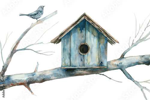 birdhouse on a tree branch on a transparent background