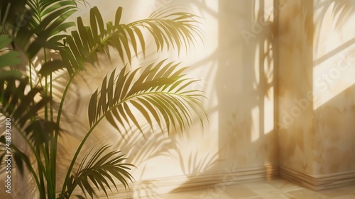 Palm leaf shadows cast a delicate pattern on a smooth wall evoking a tropical tranquility