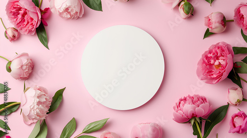 Mother's Day concept. Top view photo of white circle and pink peony roses on isolated pastel pink background © mizan