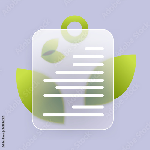 Glass morphism certificate with green leaves. Eco concept vector illustration