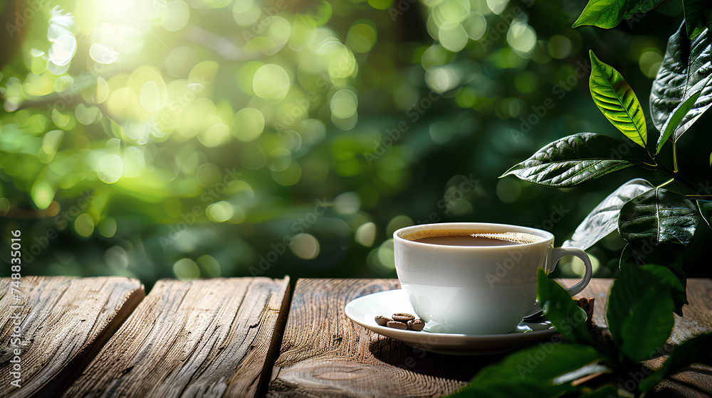 Hot coffee in a cup on an old wooden table with blur dark green natural background, empty copy space Hot coffee in a cup on an old wooden table with blur dark green natural background, empty copy space