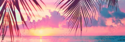 beautiful scenic sunset seen through palm tree leaves, pastel hues, summer vibes