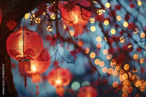 Red lanterns hanging from a tree, illuminated at dusk