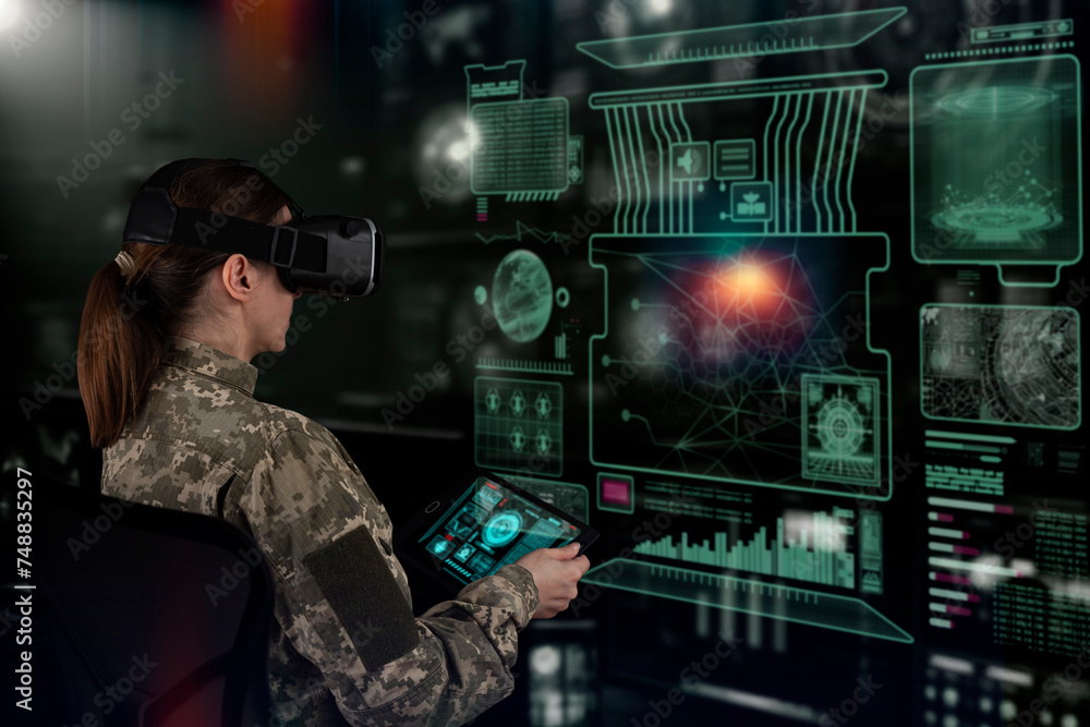 Military Think Tank, AI technology in the army. Warfare analytic operator checking coordination of the military team. Military commander with a digital device with vr glasses operating troops - obrazy, fototapety, plakaty 