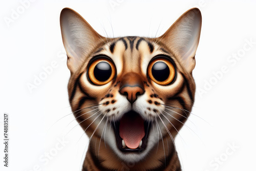 Funny face of a surprised bengal cat with big eyes shot at a wide angle isolated on a white background. ai generative