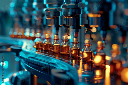 Row of vials on a pharmaceutical production line with blue tones