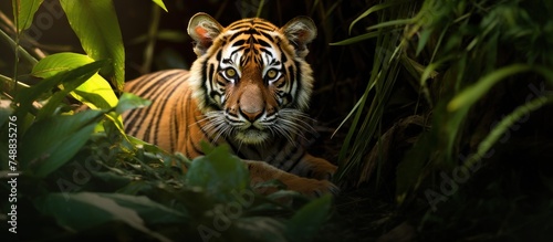 a tiger in the middle of the forest.