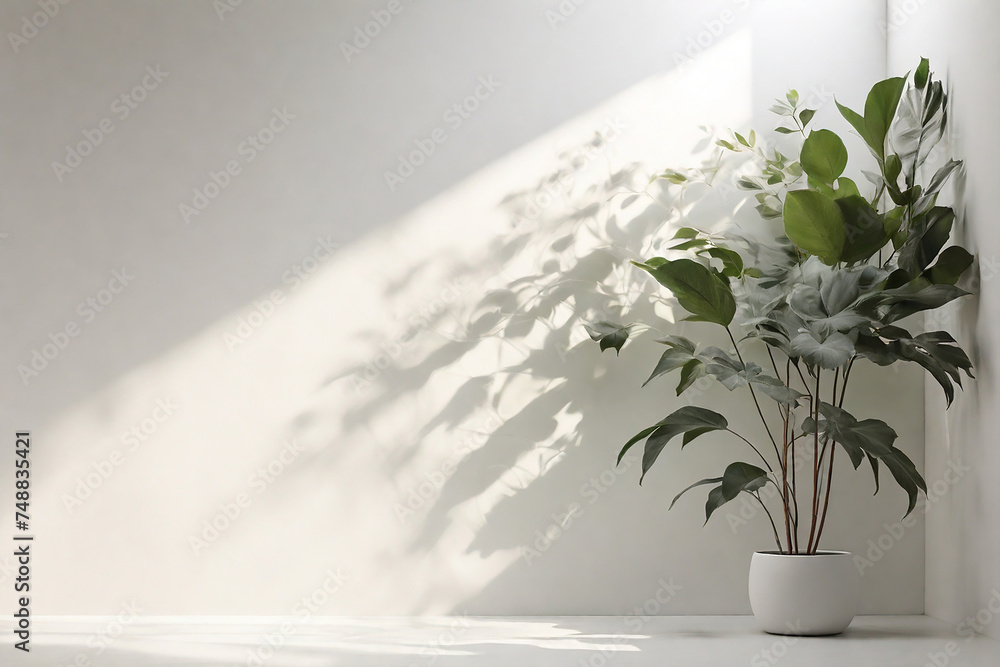 Plant in pot on white wall background with shadows. Interior design Plant in pot on white wall background with shadows. Interior design
