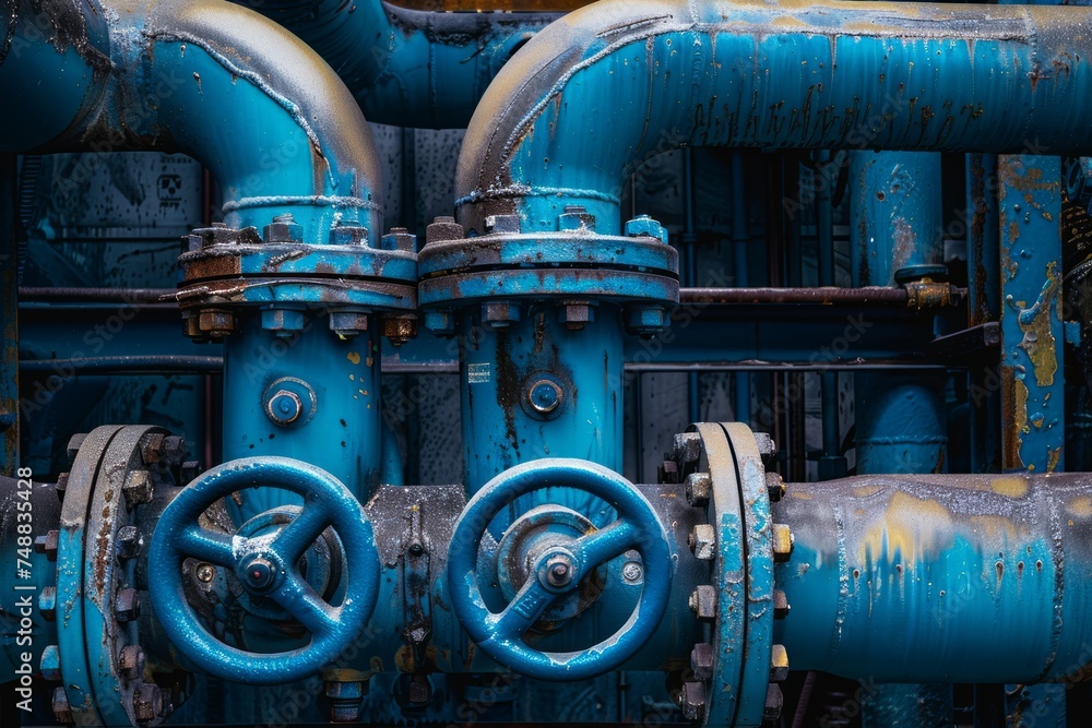 Complex network of blue industrial pipes with valves