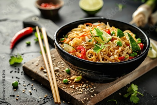 Asian vegetarian noodles with vegetables and lime in black rustic ceramic bowl, wooden chopsticks on cutting board angle view on stone background. 